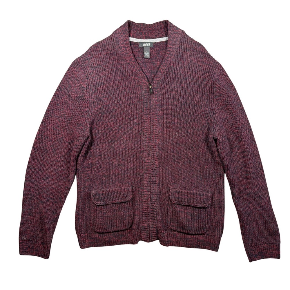 Alfani Full‎ Zip Cardigan Sweater Mens Large Burgundy Ribbed Knit 100% Cotton